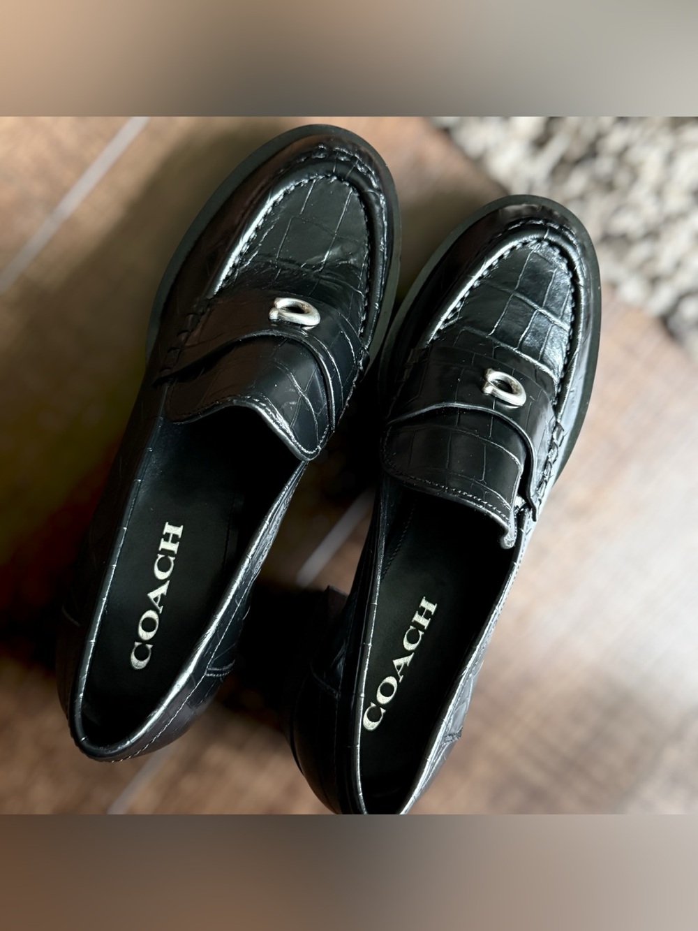 COACH Natalie Black Croc-Embossed Block Heel Loafer Size 8B Women - Picture 12 of 15
